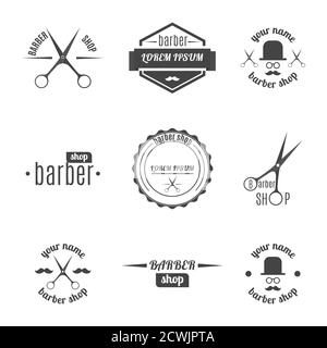 Set of grey emblem, logo, label for a barber shop, isolated on a white background. Vintage flat style, vector illustration. Stock Vector