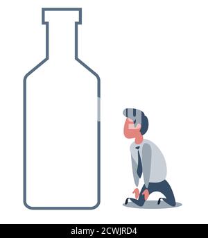 Sick drunk man on the knees beside the bottle of wine. Concept flat vector illustration of alcohol addiction. Stock Vector