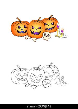 Halloween illustration with smiling Pumpkins, skulls and candles on a white background. Two variant: color and monochrome. Page of coloring book. Vect Stock Vector