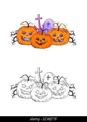Halloween illustration with smiling Pumpkins and grave on a white background. Two variant: color and monochrome. Page of coloring book. Vector. Stock Vector