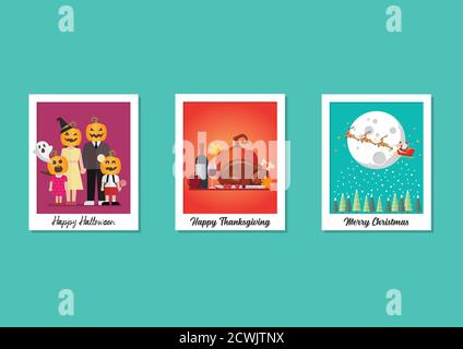 Polaroid Photo Frames Holiday collection set. Halloween Thanksgiving and Christmas. Vector illustration Stock Vector