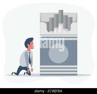 Sick man on the knees beside the Open cigarettes pack box . flat style illustration isolated on a background, smoke problem concept, narcotic, product Stock Vector