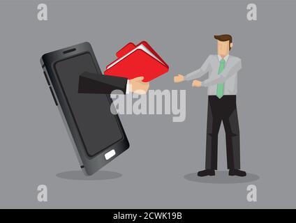Cartoon business professional receive a folder from someone over mobile phone. Creative vector illustration on using technology for business concept i Stock Vector