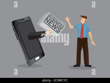 Arm in hand phone hands papers with title Business News to cartoon man. Creative vector illustration for concept on using modern technology to be upda Stock Vector