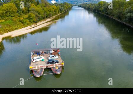 Aerial view of a ferry on the Sava River near Zagreb Stock Photo