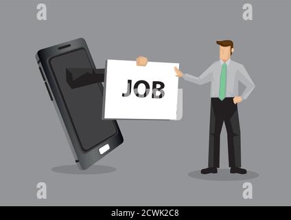 Arm from mobile phone hands placard with text JOB to cartoon professional man, metaphor for using technology for job opportunities. Creative vector il Stock Vector