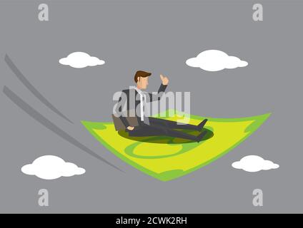 Cartoon man flying in the sky on dollar note magic carpet. Creative vector illustration for monetary and financial concept. Stock Vector
