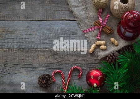 Christmas composition on a wooden background. Banner for the new year's concert Stock Photo