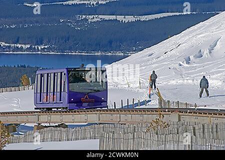 The Cairngorm Funicular Railway used in Summer by visiting sightseers and by snow sportsenthuiseats in Winter. Stock Photo