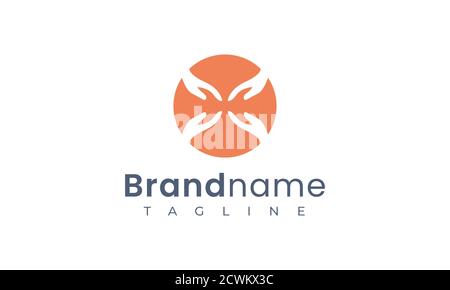 caring logo template with the shape of four hands reaching for each other Stock Vector