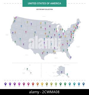 United States of America map with location pointer marks. Infographic vector template, isolated on white background. Stock Vector