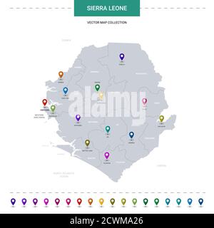 Sierra Leone map with location pointer marks. Infographic vector template, isolated on white background. Stock Vector