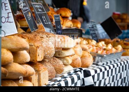 Fresh sourdough breads on display at the Real Food Market Kings Cross in London Stock Photo