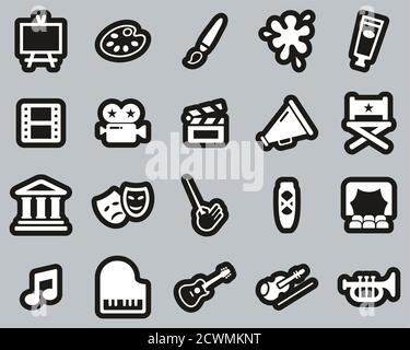 Art & Art Equipment Icons White On Black Sticker Set Big Stock Vector