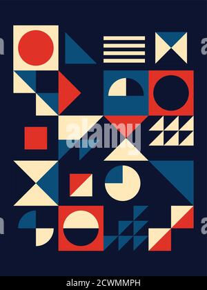 Vintage mid-century modern vector poster design in 18x24 format - 60's and 70's geometric pattern with triangles, circles and abstract shapes Stock Vector