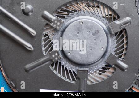 Professional repair of computers, laptops, boards Cooling system macro, close-up Stock Photo