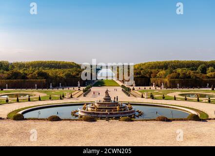 Latona Fountain and Grande Perspective at golden hour in Versailles Gardens Stock Photo