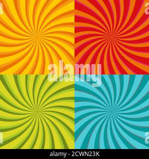 Spiral starburst, sunburst background set. Lines, stripes with twirl, rotating distortion effect. Red, yellow, green and blue colors. Stock Vector