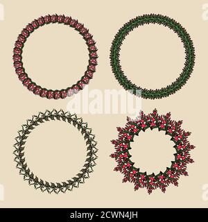 Handdrawn vector wreaths. Round botanical ornament on a green background. Stock Vector