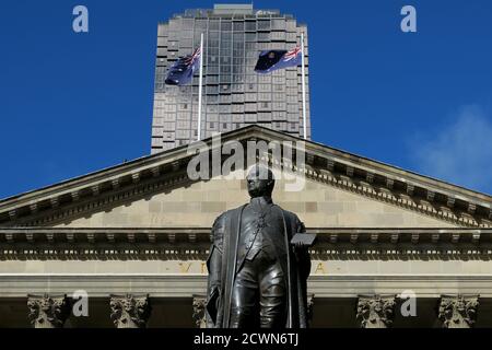 Melbourne Australia : State Library of Victoria in Melbourne with Redman Barry statue . Stock Photo