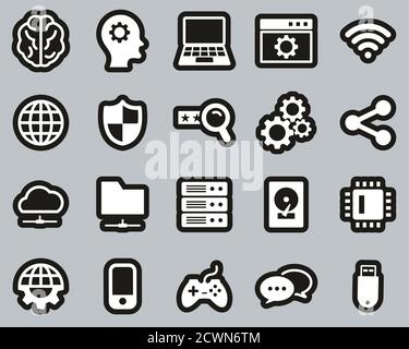 Artificial Intelligence Icons White On Black Sticker Set Big Stock Vector