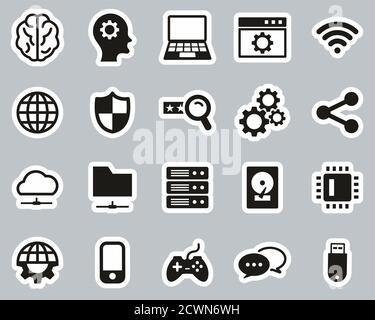 Artificial Intelligence Icons Black & White Sticker Set Big Stock Vector