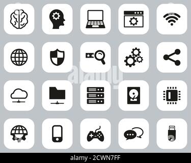 Artificial Intelligence Icons Black & White Flat Design Set Big Stock Vector