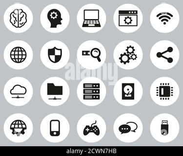 Artificial Intelligence Icons Black & White Flat Design Circle Set Big Stock Vector