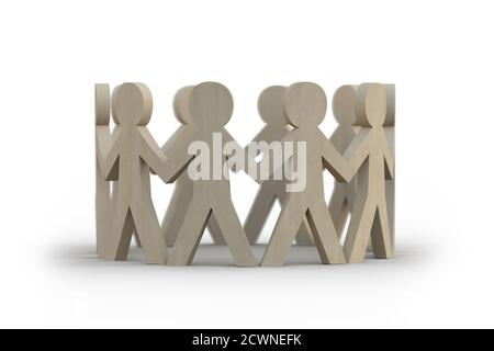 Wooden figures of people in a circle holding hands and standing on white backgroung. The concept of a social network, business or other relationships. Stock Photo