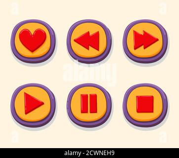 Hand drawn 3d web buttons for the player. Like, rewind, play, pause, stop. internet button set color vector illustration Stock Vector