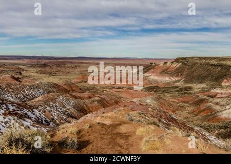 Painted Desert Petrified Forest National Park overlook of a rugged desert landscape in Holbrook, Arizona. Stock Photo