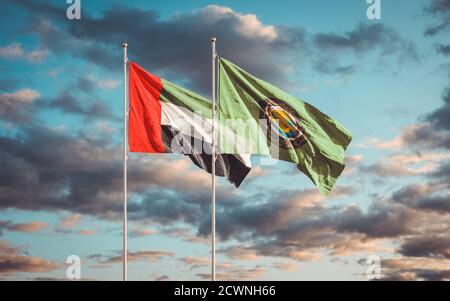 Waving flags of Gulf Cooperation Council of the Persian Gulf States - Bahrain, Kuwait, Oman, Qatar, Saudi Arabia, and the United Arab Emirates - excep Stock Photo
