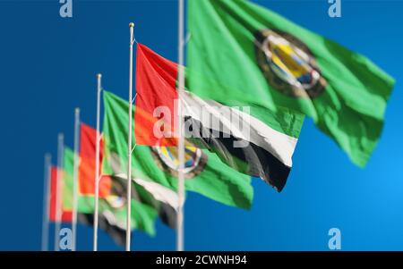 Waving flags of Gulf Cooperation Council of the Persian Gulf States - Bahrain, Kuwait, Oman, Qatar, Saudi Arabia, and the United Arab Emirates - excep Stock Photo