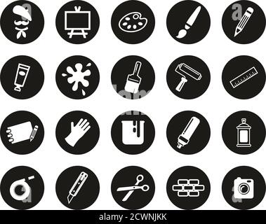 Artist Or Arts Equipment Icons White On Black Flat Design Circle Set Big Stock Vector