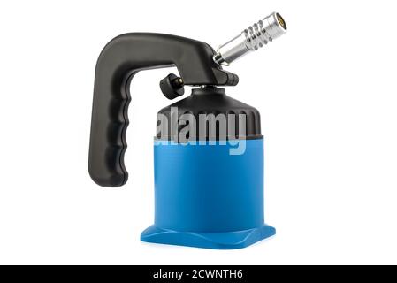 Blue manual gas burner isolated on a white background. Stock Photo