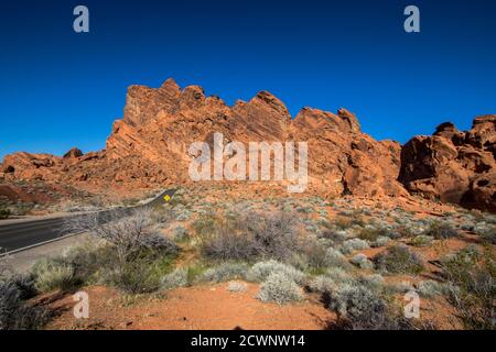 Desert Road Trip. Nevada scenic byway through the Valley Of Fire State Park. Stock Photo