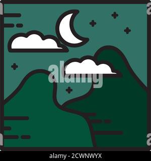 landscape mountains nature night moon clouds sky cartoon line and fill style vector illustration Stock Vector
