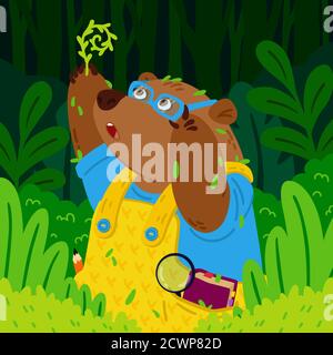 Cute bear botanist in glasses, explores new plants. Gardening grizzly. Animal in the forest. Vector children illustration for kids books and nursery p Stock Vector