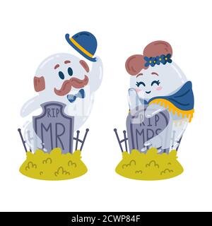 Halloween characters. Ghosts and gravestones. Love story in the cemetery. Two spirits Mr and Mrs meet at their tombstones. Rest in peace. 31 october. Stock Vector