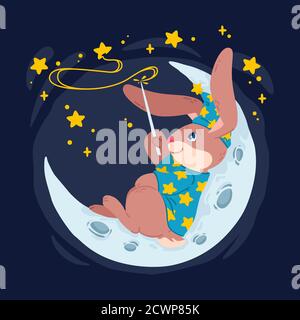 Rabbit magician with magic wand make stars on the sky lying down on the moon. Bunny wizard in witch hat sit on the crescent. Vector children illustrat Stock Vector