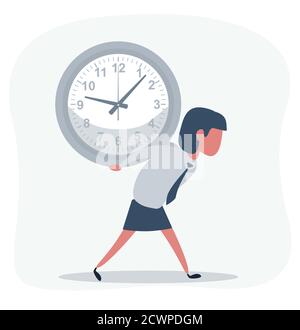 Concept of missing deadline, bad time management. Scene of tired, nervous, stressed female at work. Sad businesswoman carrying a big clock. Big fail. Stock Vector