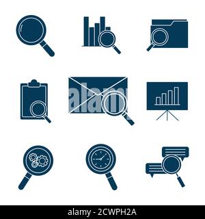 lupe and search silhouette style icon set vector design Stock Vector