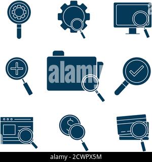 lupe and search silhouette style collection of icons vector design Stock Vector