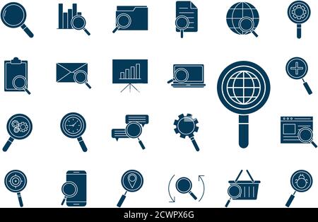 lupe and search silhouette style icons collection vector design Stock Vector