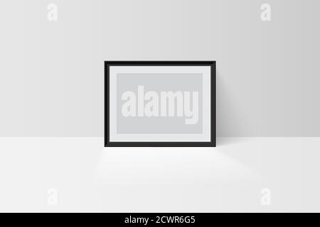 Realistic tree-dimension empty blank black simple frame mockup isolated on light background. Vector horizontal picture or photo framing mat and wide Stock Vector