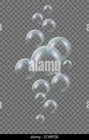 Soap bubble floating group on gray transparent Stock Vector