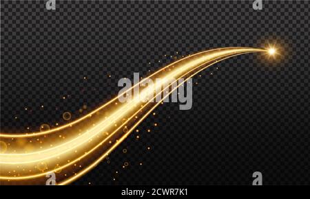 Golden wave whith trail of comet and sparkling gold stardust, effect bokeh. Luminescent wave with bright bokeh and sparkles trail on transparent background for magic design Stock Vector