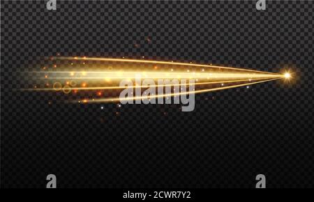Golden wave whith trail of comet and sparkling gold stardust, effect bokeh. Luminescent wave with bright bokeh and sparkles trail on transparent background for magic design Stock Vector