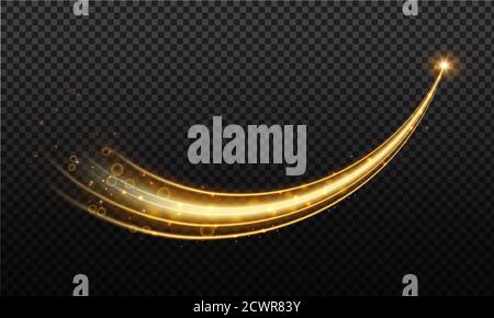 Golden wave whith trail of comet and sparkling gold stardust, effect bokeh. Luminescent wave with bright bokeh and sparkles trail on transparent background for magic design Stock Vector