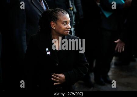 Doreen Lawrence walks outside the Old Bailey after two men were convicted of the racist murder of her son, teenager Stephen Lawrence, 18 years after he was stabbed to death near a south London bus stop, London January 3, 2012. Gary Dobson and David Norris were found guilty of murder and will be sentenced tomorrow. REUTERS/Finbarr O'Reilly (BRITAIN - Tags: CRIME LAW SOCIETY)